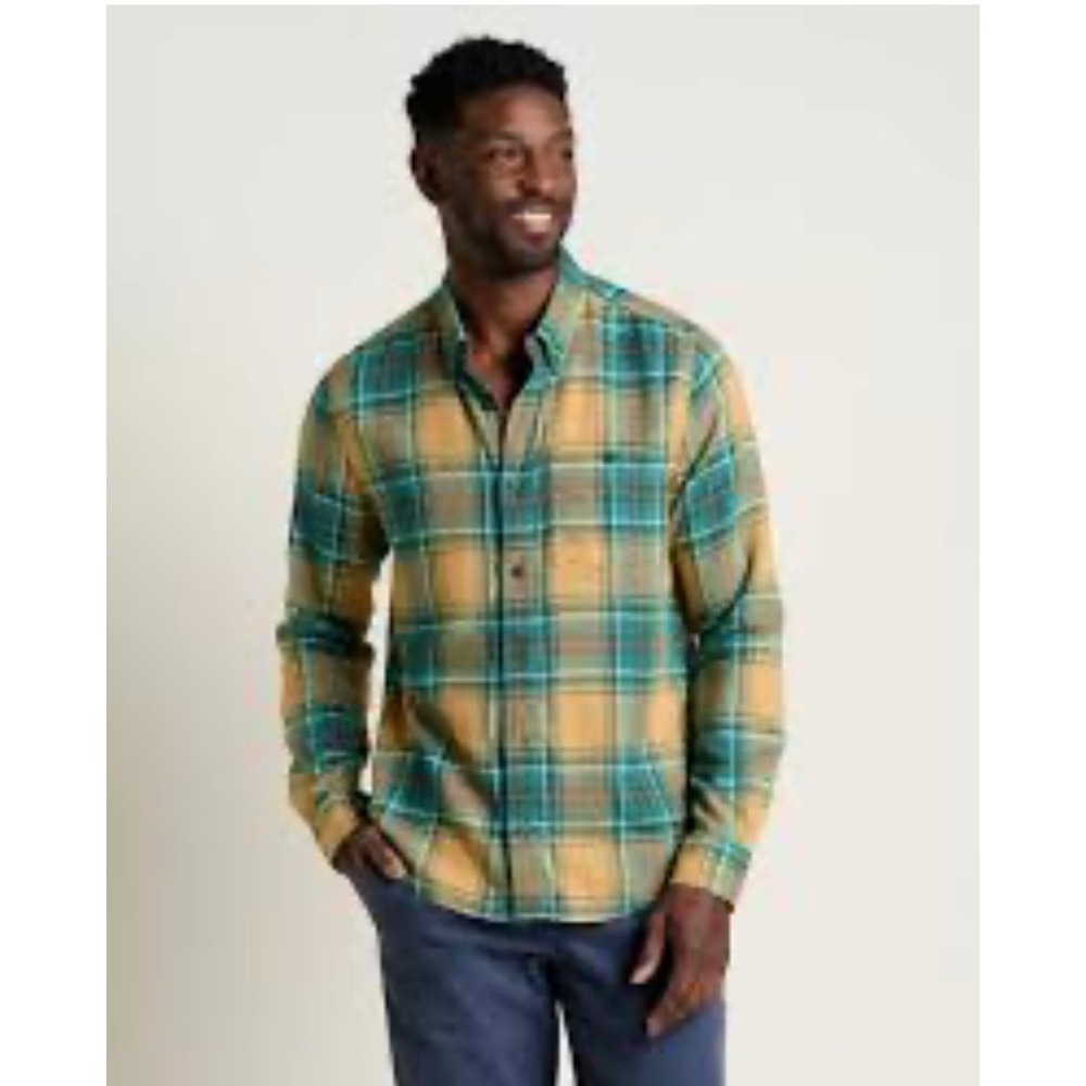 Toad&Co Mens Large Plaid Flannel Shirt Yellow Green Recycled Cotton Blend L/S